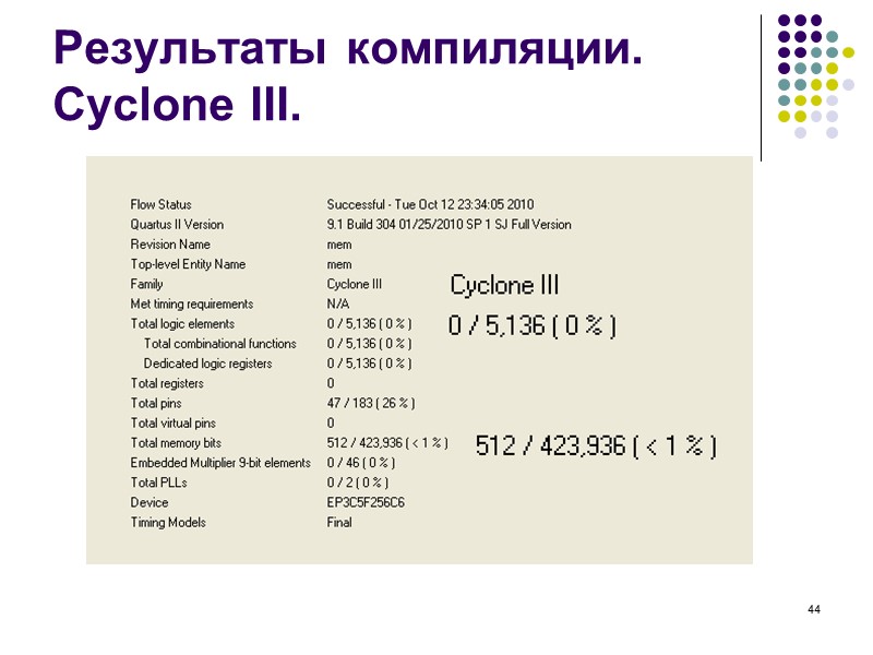 44 Результаты компиляции. Cyclone III.